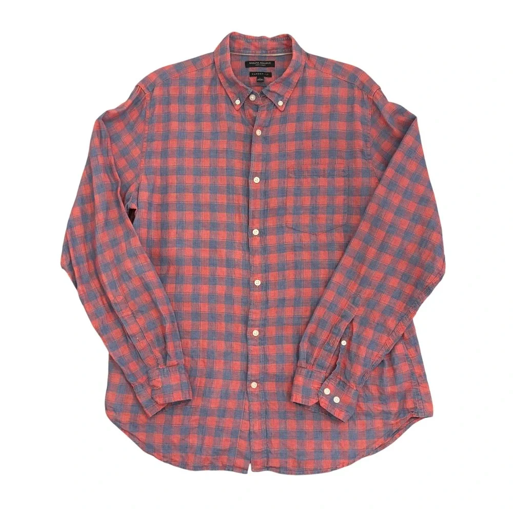 Banana Republic 100% Linen Button Up Shirt Mens Large‎ Camden Fit Red Blue Check